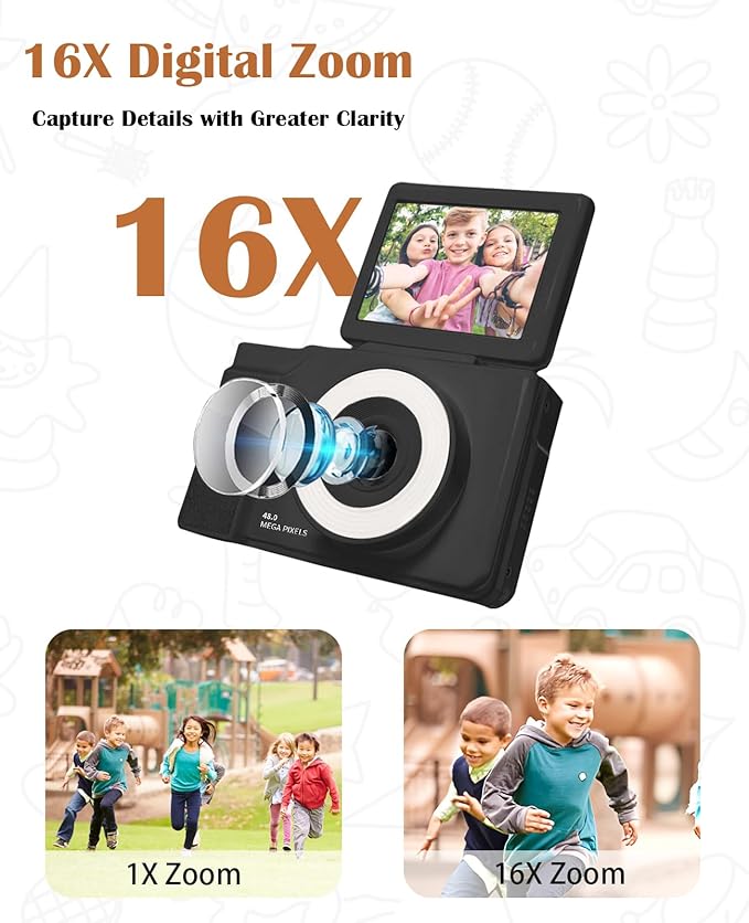 Kids Digital Camera Flip Screen,48MP,1080P HD Selfie Kids Camera,with 16x Zoom Anti Shake,with 32GB TF Card,Durable Compact Camera for Boys Girls Kids