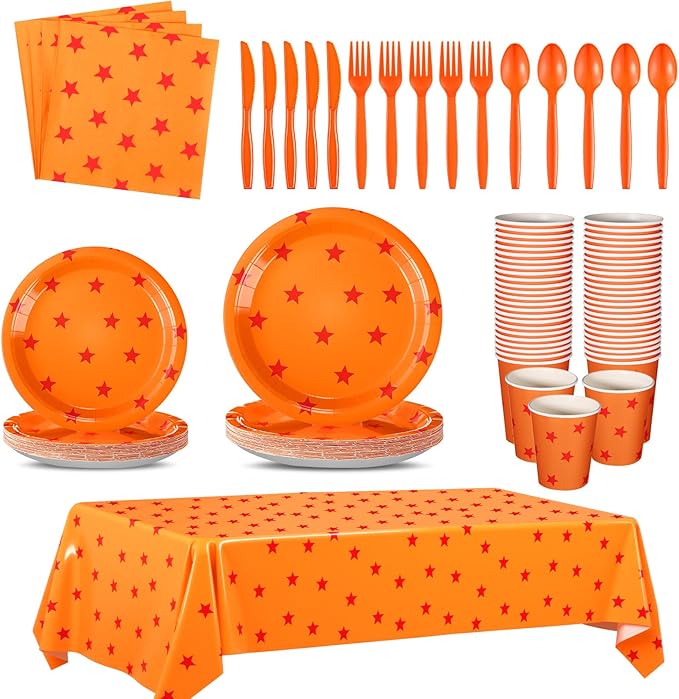 Oudain 170 Pcs Anime Tableware Set Anime Theme Party Supplies 24 Sets Yellow and Red Stars Print Disposable Plates Napkin Cup Fork Knife Spoon Tablecloth for Anime Party Decorations