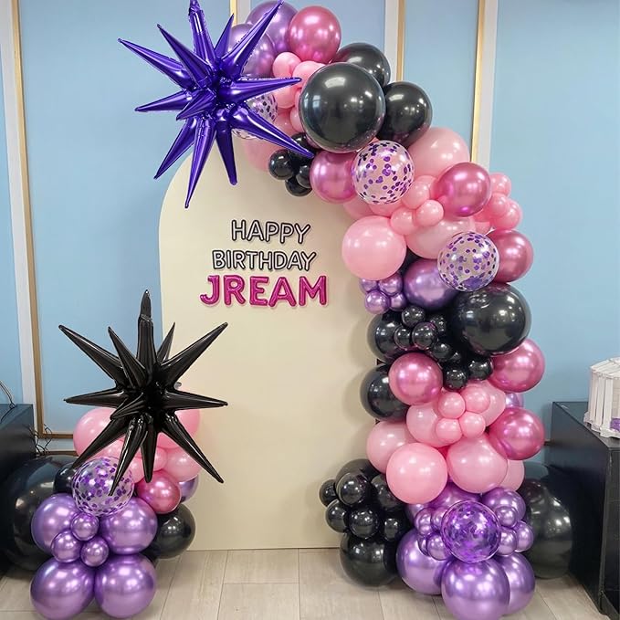 Pink and Purple Balloon Garland Arch Kit, Black Purple Pink Metallic Confetti Latex Party Balloons with Explosion Star Foil Balloon for Girls Bridal Baby Shower Wedding Birthday Party Decorations
