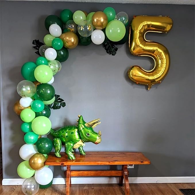 Green Gold Balloons Set, Dark Green Pearl Lime Green Metallic Gold White with Confetti Latex Balloons, Light Green Gold White Balloon for Jungle Dinosaur Birthday Baby Shower Wedding Party Decorations