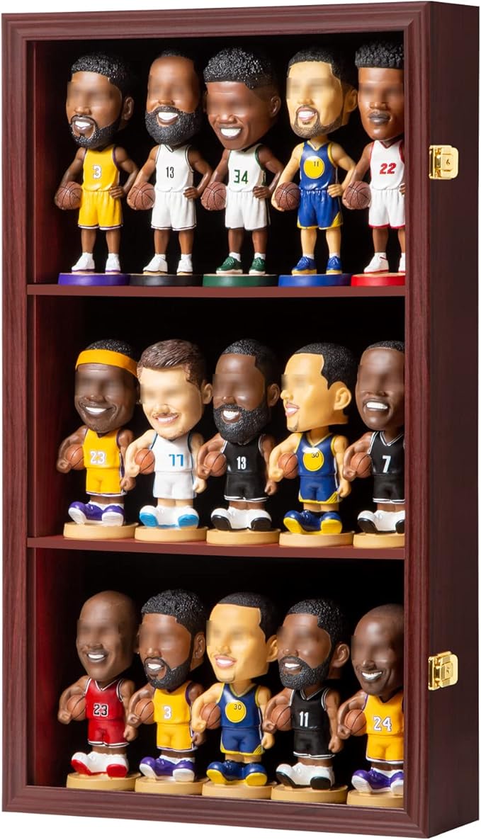 Bobblehead Display Case Action Figure Display Case Bobble Head Shadow Box Wall Cabinet for 15 Figurines Display with Lockable Anti Fade Uv Protection for Bobble Head, Action Toy Figures,Mahogany