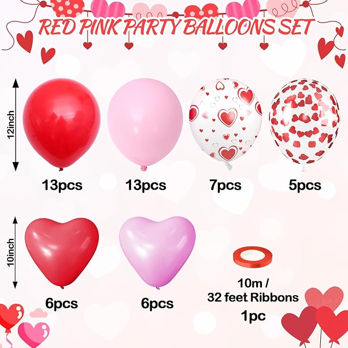 Light Pink and Red Balloons, 12 Inch 50 Pcs Pink and Red Heart Shaped Latex Balloon, White Heart Printed Balloons, for Valentine’s Day Wedding Engagement Anniversary Birthday Party Decorations