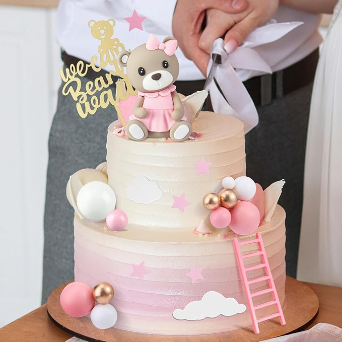 Yinder 37 Pcs Bear Cake Decoration Toppers for Baby Shower Decorations with Balls We Can Bearly Wait Happy Birthday Mini Bear Figurine Cake Party Birthday Supplies (Novel)