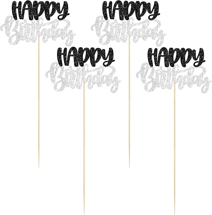 Gyufise 12Pcs Happy Birthday Centerpieces Sticks Double Sided Glitter Birthday Party Decorations Anniversary Table Flower Centerpiece for Celebrating Party Supplies Black Silver