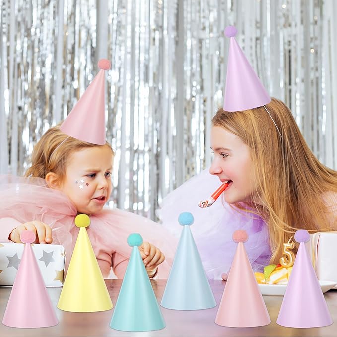 CHUNNIN 48pcs Rainbow Party Hats Pastel Rainbows Birthday Parties Supplies Macaron Cone Hat Happy Birthdays Paper Headwear with Pom Pom for Kids and Adults Baby Shower Bridal Shower Decorations Favors
