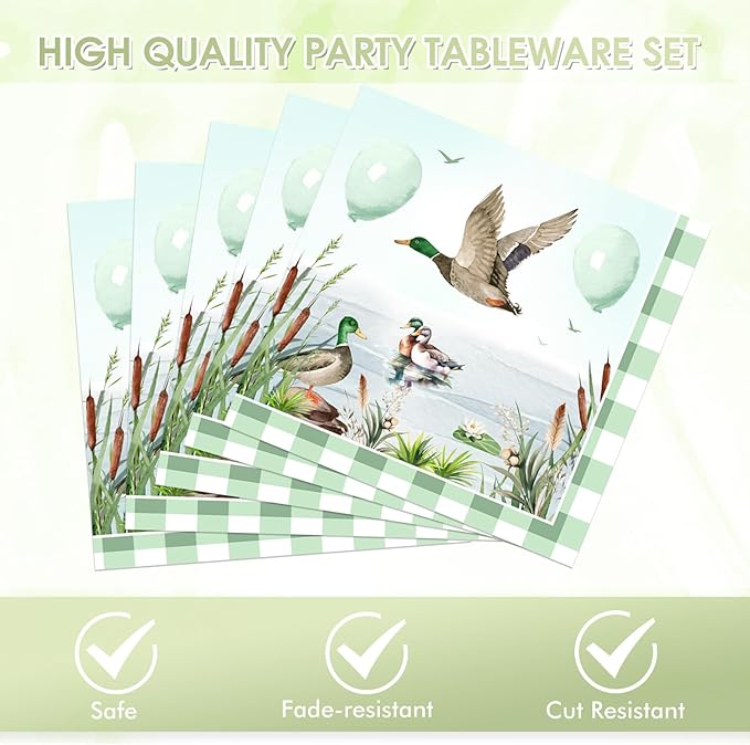 40PCS Lucky Duck Birthday Decorations Disposable Mallard Duck Hunting Birthday Party Supplies Tableware Set Include Paper Plates, Napkin for Duck Baby Shower Table Decorations, Serves 20