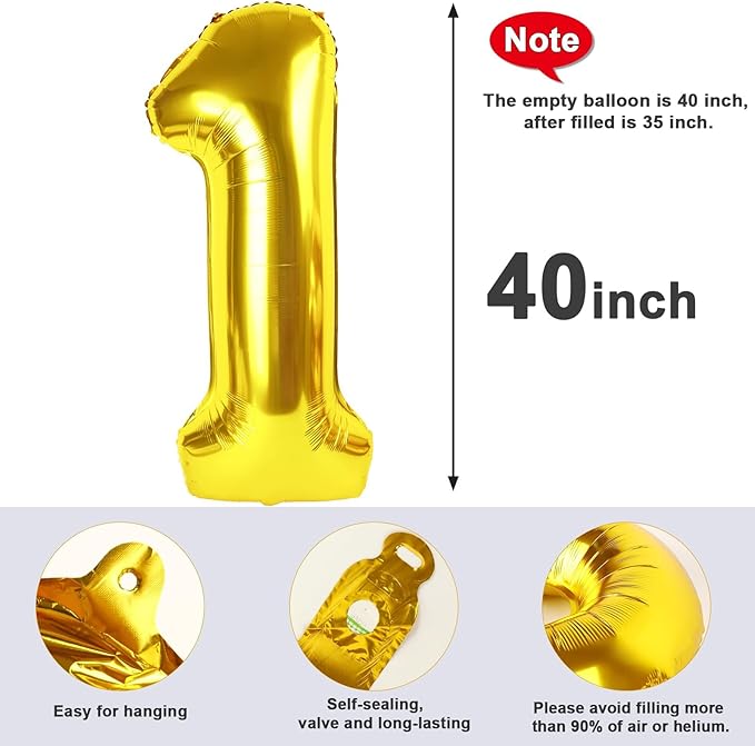 40 Inch Number Balloons, Large Gold Number 13 Balloon Party Decorations for 1 3 31 Birthday Memorial Day, Foil Balloon for Outdoor & Indoor Wedding Supplies