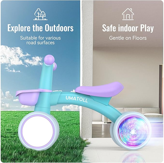 Umatoll Colorful Lighting Baby Balance Bike Toys for 1 Year Old Boys Gifts, Adjustable Seat Baby Walker, One Year Old Boy Birthday Gifts, 12-24 Months Toddler First Ride on Toys with Removable Basket