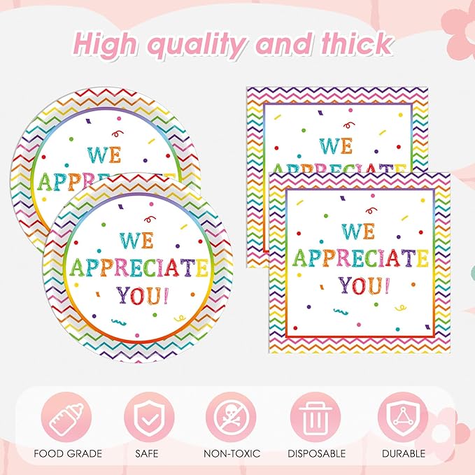 41Pcs We Appreciate You Decorations Rainbow Color Thank You Themed Tableware Set Appreciation Plates Napkins Tablecloth丨Teacher Nurse Employee Staff Pastor Volunteer Appreciation Week Decor,Serve 20