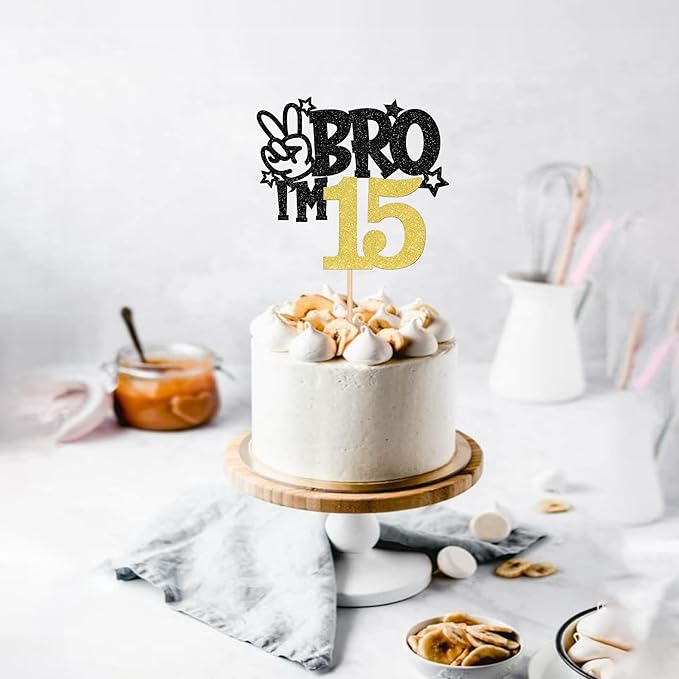 1 PCS Brother I'm 15 Cake Topper Glitter Star Happy 15th Birthday Cake Pick Bro I'm 15 Cake Decoration It's My 15th Birthday Decorations for Boys Cheers to 15 Years Old Birthday Party Supplies Gold