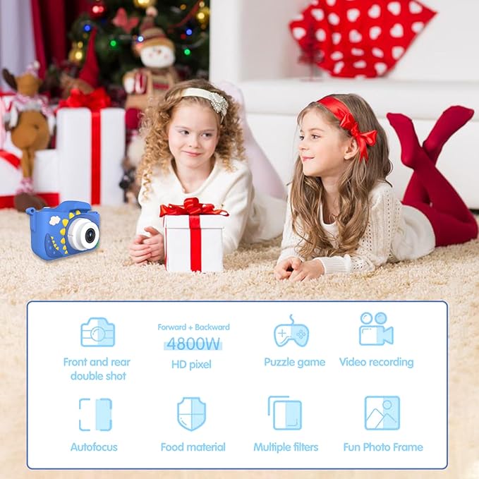 Kids Camera for 3-9 Year Old Boys Girls, Children Digital Camera with Cute Cartoon Soft Cover & 32GB SD Card, Best Christmas Birthday Gifts for Grandkids, Halloween Party Favors for Kids - Blue
