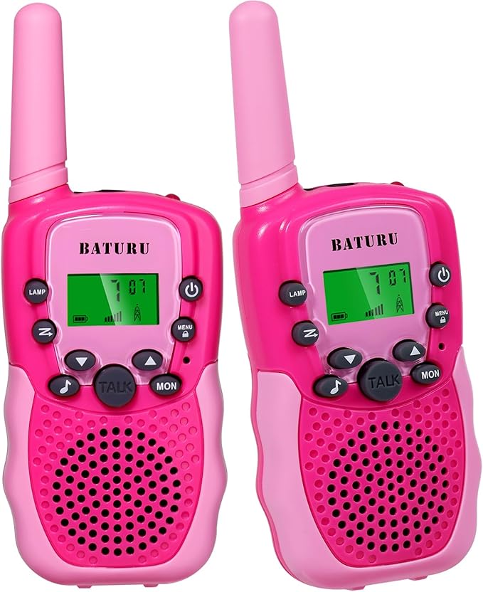 BATURU Kids Walkie Talkies, 2-Pack Pink Gift for Girls Age 4-8, Long Range, Easy-to-Use Toys for Birthday, Outdoor Play, Camping, Pretend Adventure