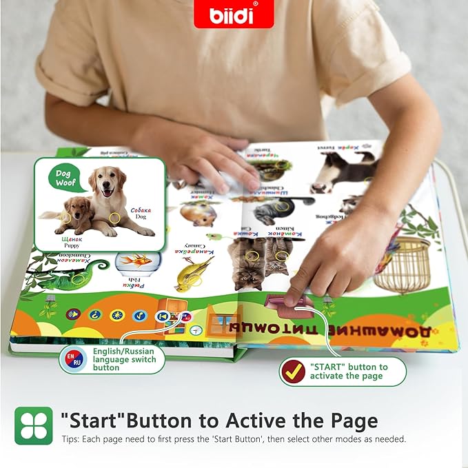 English & Russian Bilingual Interactive Sound Book for Toddler 3-5,40 Songs&30 Stories,Rechargeable Talking Book,Learing Toy for Kids,Boys Girls Birthday, 1600+ Sounds,171 Animals