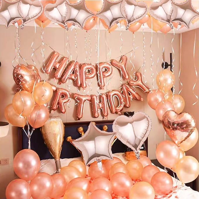27 Pcs Rose Gold Birthday Decorations, 3D Foil Rose Gold Happy Birthday Balloon Banner, Pentagram Heart Foil Balloons Confetti Balloons Kit For Boys Girls Birthday Party Supplies