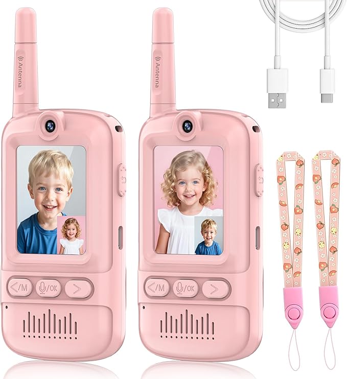Video Walkie Talkies for Kids,2 Pack-Kids Video Call Device with HD Camera,Filters,Emojis,Voice Changer & Voice Message,Auto Pairing, Durable for Indoor & Backyard Use