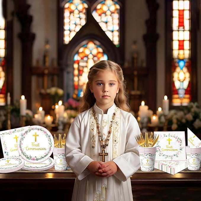 First Communion Decorations for Girls, First Communion Plates and Napkins Pink Primera Comunion Decoracion First Communion Party Supplies for First Holy Communion Baptism Party Decorations Serves 25