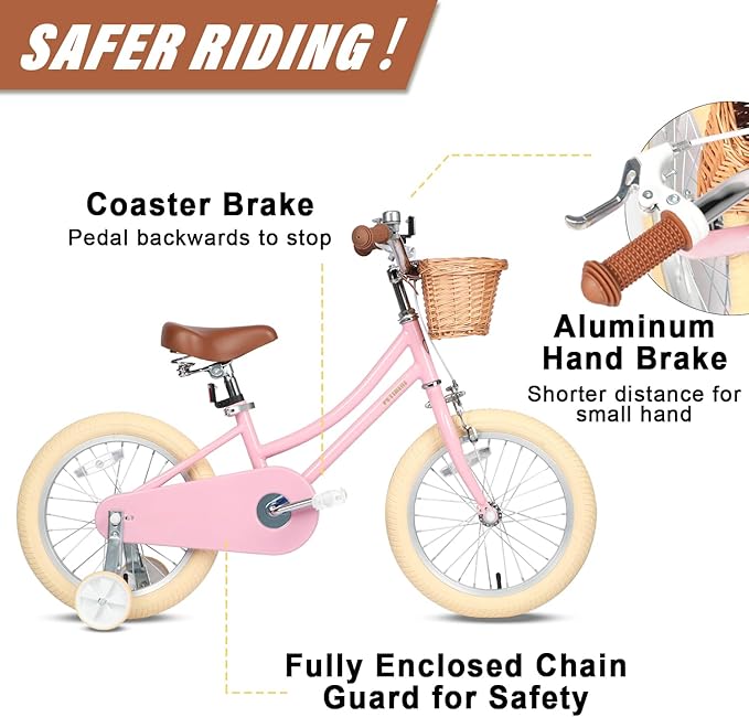 Petimini Vintage Kids Bike for Girls, 12–20 Inch Classic Bicycle with Wicker Basket & Bell, High Tensile Steel Frame, Training Wheels (12–18”), 85% Pre-Assembled, Retro Bike for Outdoor Riding