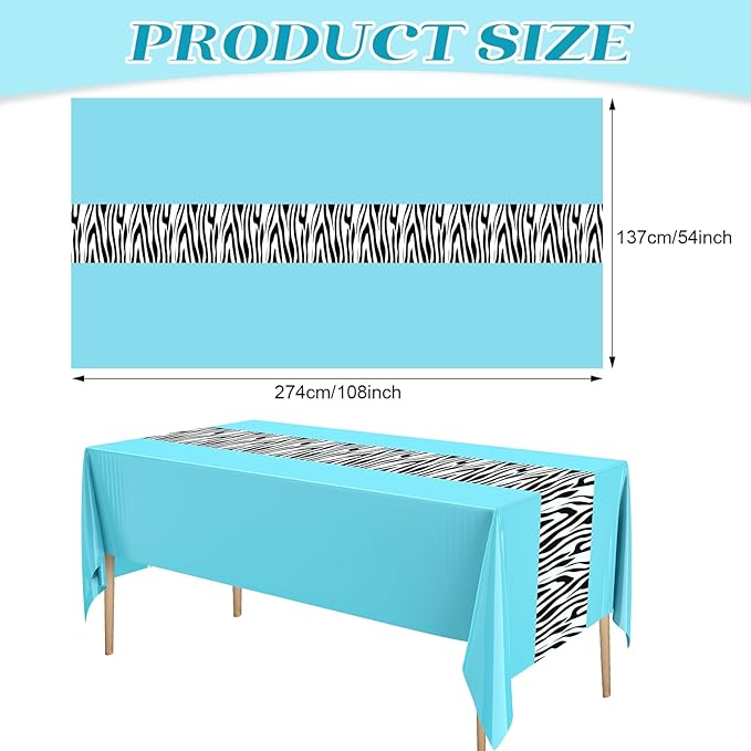 Buryeah 3 Pcs Zebra Tablecloth Zebra Print Plastic Table Cloth Disposable Tablecloth Animal Safari Table Cover 54 x 108'' for Baby Shower Wedding Birthday Party Decorations Supplies (Blue)