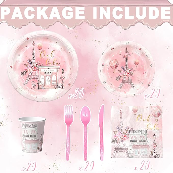 Paris Party Decorations Set - Chic Parisian Party Plates, Cups, Napkins, and Cutlery for a Magical Celebration - Elegant and Disposable Paris Party Supplies for Birthdays and Events