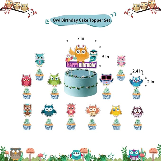 Owl Birthday Decorations - Cute Owl Theme Party Supplies with Birthday Banner, Colorful Tissue Paper Tassels Garland, Cake Toppers Set for Baby Shower, Kids Woodland Bday Party Decors