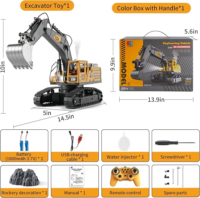 1:14 Remote Control Excavator Toys for Boys,14 Channel RC Digger Construction Toys Tractor,Simulated Smoke, Sound, Lighting, Metal Digging Head, for Boys 6 7 8 9 10 11 12