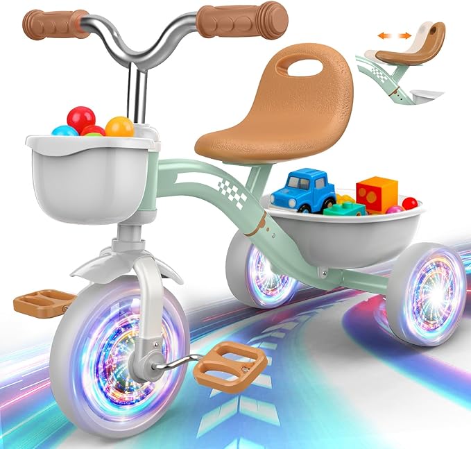Toddler Tricycle for 1-3 3-5 Year Olds, 2 3 4 5 Year Old Girl Boy Birthday Gifts, Toddler Baby Bike, 4-Level Adjustable Seat, 3 Color Light Wheels, 2 Baskets, Outdoor Riding Toys for Ages 2-4