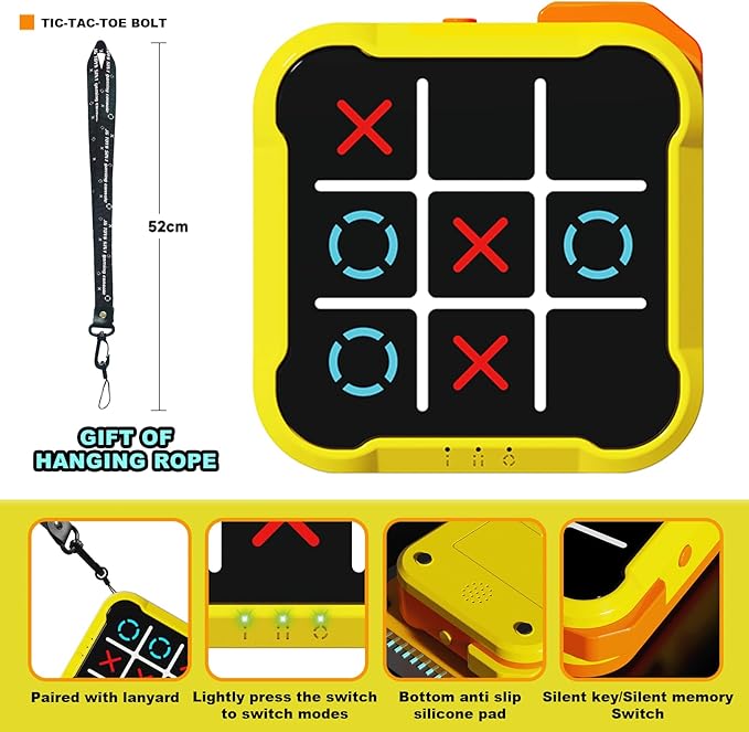 5-in-1 Electronic Tic-Tac-Toe Game, Handheld Electric Puzzle Game with Silent Mode, Portable Strategy Set for Kids & Adults,Travel Games, Birthday Gifts.（Yellow