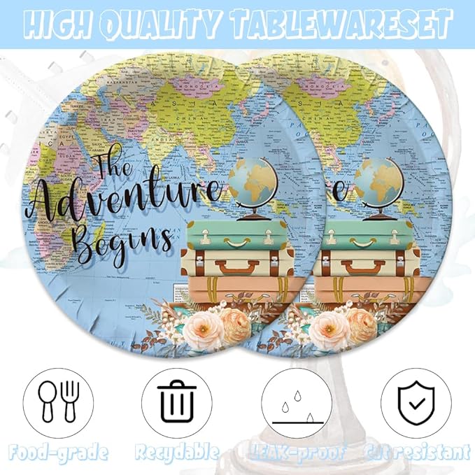 41pcs Adventure World Awaits Map Party Supplies ,include 20 Dessert Plates, 20 Napkin and 1pcs Tablecloth, Adventure World Awaits Map Party Set Used for The Adventure Begin Birthday Party Decoration
