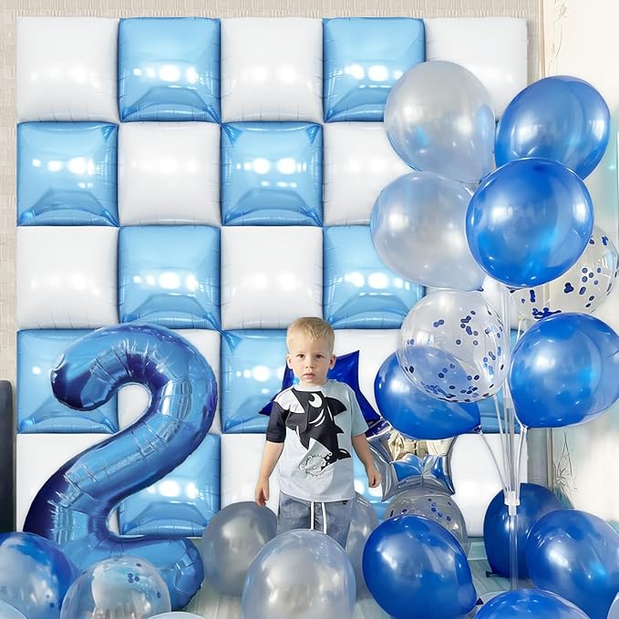 Blue White Square Foil Balloon Wall,25Pcs Double Sided Foil Balloons Backdrop Helium Polyester Tunnel Arch Garland Kit for Birthday Bridal Anniversary Baby Shower Party Decorations