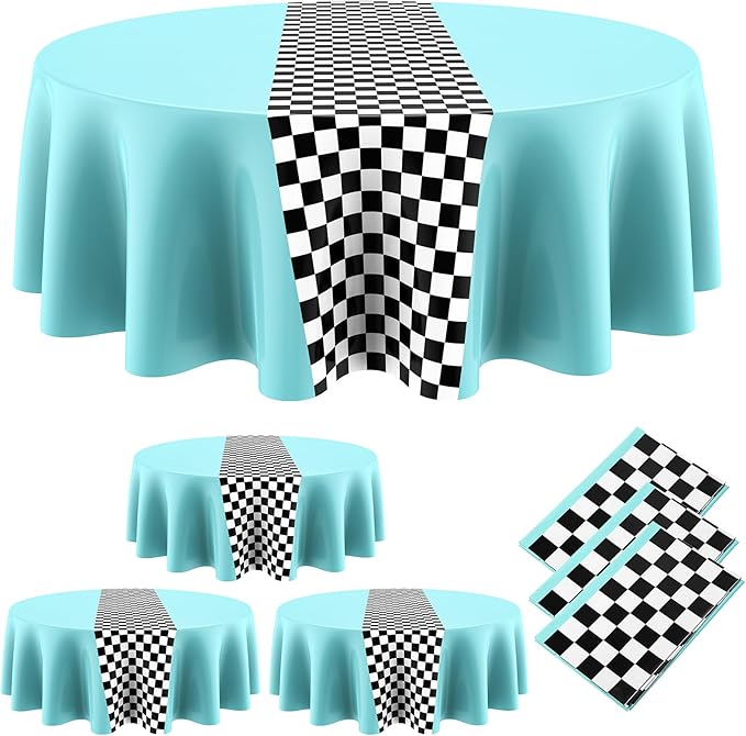 Oudain Cars Birthday Racing Decorations - Round Tablecloth, Checkered Flag Table Covers, Road Plastic Table Cloth, 1950s Disco Dancing Party Tablecloth (Blue,6 Pcs)
