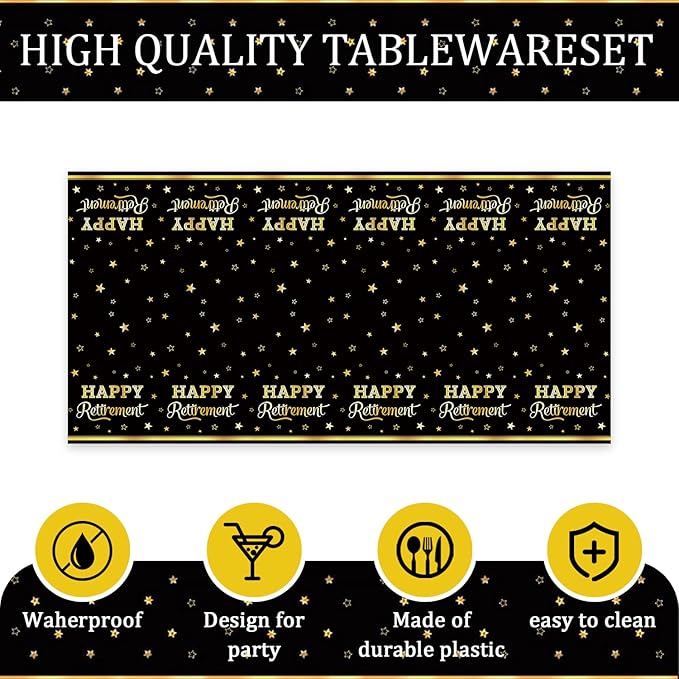 41pcs Retirement Party Supplies ,include 20pcs 7inch Dessert plate, 20 Napkin and 1pcs Tablecloth,Used for Black Gold Retirement Party Decoration