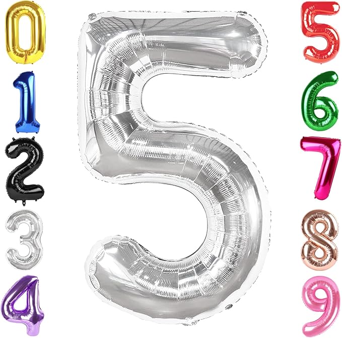 40 Inch Silver Number 5 Balloon, Giant 5 Number Balloons for 5th Birthday Decorations, Party Supplies for Baby Boy Girl, Silver Party Decor