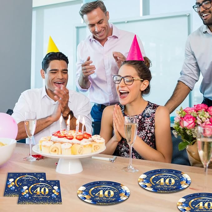 40PCS Happy 40th Birthday Decorations Navy Blue and Gold Theme Party for 40 Years Old Party Decorations Include Plates Napkins For Men Boys Girls Women