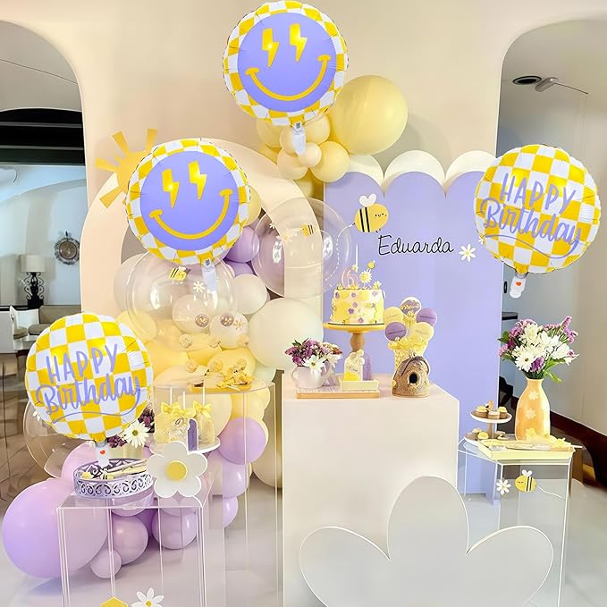 18 Inch Smile Face Birthday Foil Balloons, Yellow White Checkered Smile Face with Lightning Eyes Mylar Helium Round Balloon for Teen Boys Girls One Happy Great Dude Birthday Preppy Party Decorations