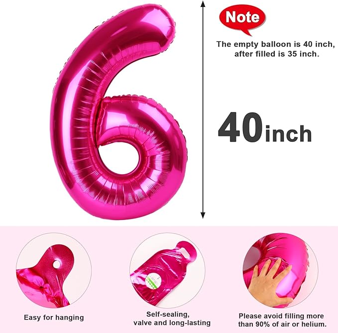 Number 6 Balloon 40 Inch, 6 7 Six Seven Birthday Decorations, 6th Birthday Balloon for Boy Girl, Hot Pink 16 60 61 65 Numbers Balloons Graduations Anniversary Supplies