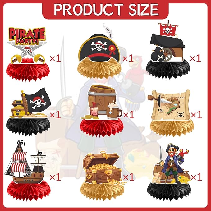 Gameza Pirate Party Decorations, 9PCS Pirate Birthday Party Honeycomb Centerpieces Table Decor, Baby Shower Table Decoration Supplies Kids Boys