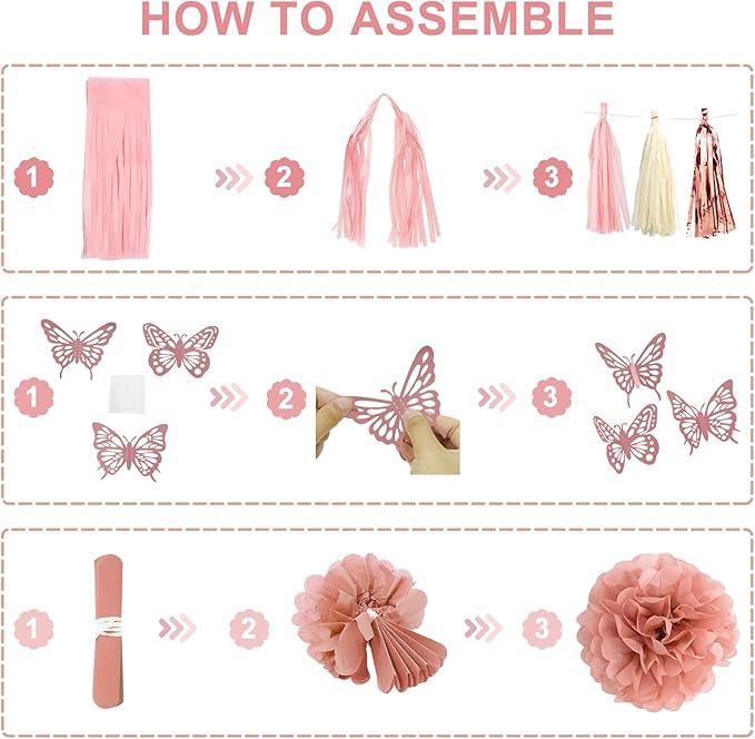 Pink Birthday Party Decorations, Dusty Pink Sand Confetti Rose Gold Balloons Happy Birthday Banner Fringe Curtains Butterfly Hanging Swirls Circle Dots Tassels Pompoms for Women Girls Party Supplies