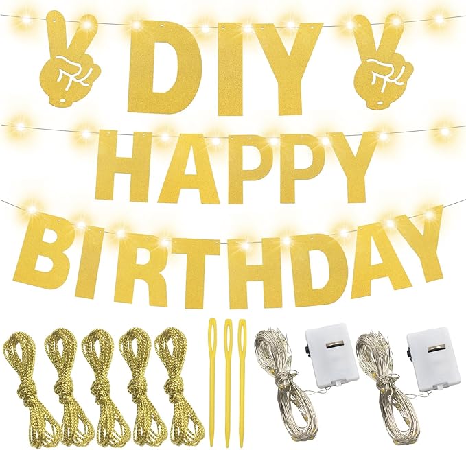 175Pcs DIY Glitter Customizable Banner Kit Custom Banner Happy Birthday Personalized Letter Banners Decor for Christmas Baby Shower Birthday Party Decorations Supplies(Glitter Gold）