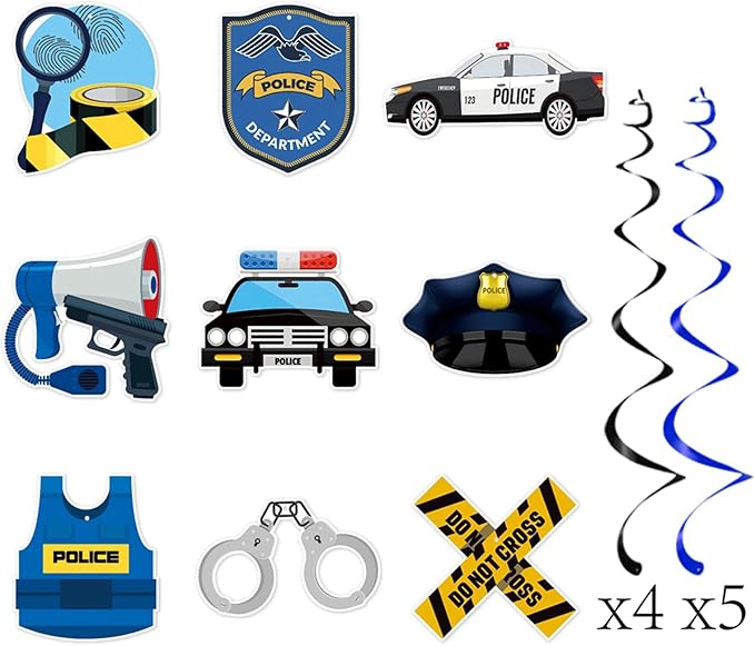 Zwiebeco Blue Black Silver Police Happy Birthday Banner Bunting Hanging Paper Swirls Garland Party Decorations for Boys Girls Kids Womens Mens Adults Police Themed Bday Decor Accessories Supplies
