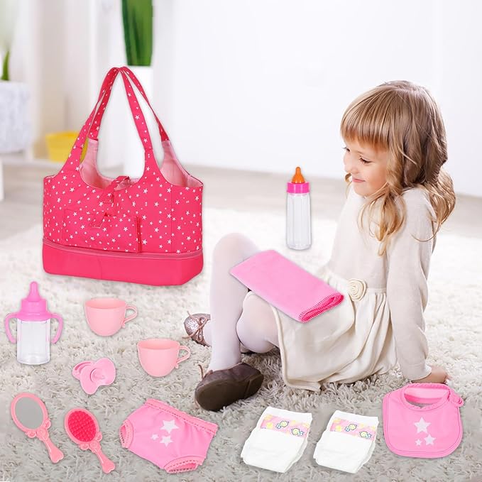Baby Doll Accessorie, 13 Pcs Doll Stuff Acessories Storage Diaper Bag Set for 14-18 Inch Dolls, Feeding and Caring Set Includes Diaper, Bottle etc Suitable Pretend Play