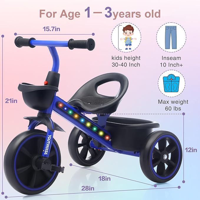 Kids Tricycle with Colorful LED Lights for Toddlers 1-3 Years, Stable 3-Wheel Design & Storage Basket for Fun Indoor Outdoor Ride, Gift for Baby Boy Girl