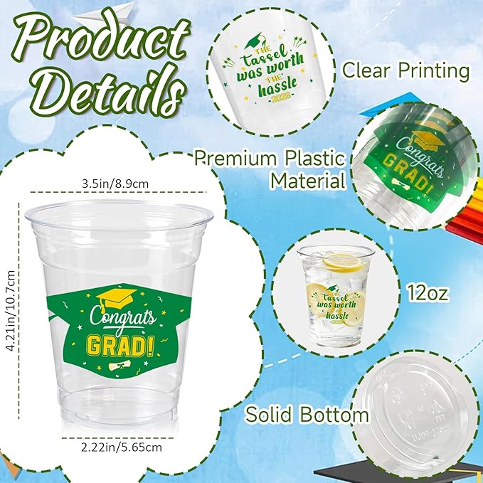 GuassLee Green and Gold Graduation Decorations Class of 2026, 50 Pack 12 oz Graduation Plastic Disposable Cups for Drinks 2026 School Grad Party Favors Supplies