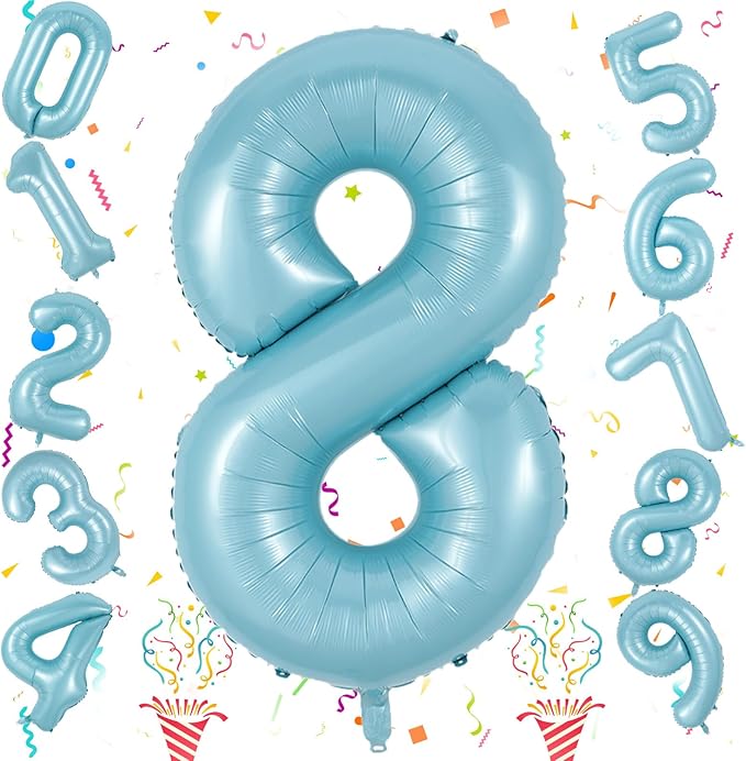 8th Birthday Number Balloons for Kids, 40 Inch Foil Number 8 Balloons Baby Pastel Blue, Helium Large Self Inflating Mylar 8 Balloons for Boys 8th Birthday Party Decor Anniversary Decoration Supplies