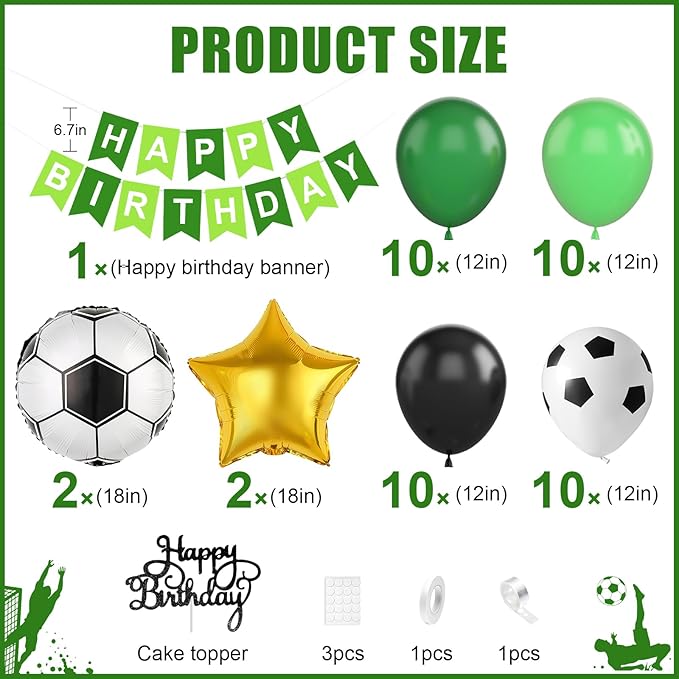 Soccer Birthday Party Decorations for Boys, Soccer Party Decorations with Green Black White Balloons 'HAPPY BIRTHDAY' Banner Cake Toppers Star Foil Balloons for Boys Men Birthday Decor