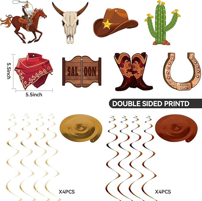 Western Party Decorations, Pre-Strung Western Birthday Banner,Cowboy Birthday Party Decorations, Rodeo Birthday Decorations,Western Birthday Party Decorations and Hanging Swirls, Cowboy Party Decorations