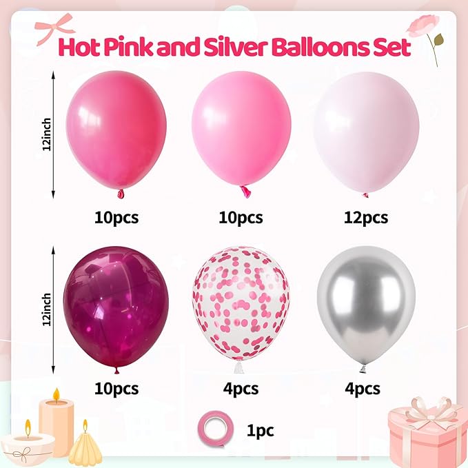 Paready Pink Balloons Set, 50PCS Hot Pink Latex Balloons, 12 Inch Confetti Balloon Metallic Silver Party Balloon Helium for Girls Women Baby Shower Princess Wedding Birthday Party Decorations