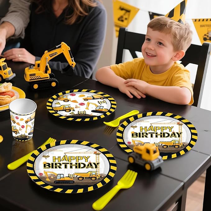 287Pcs Construction Birthday Party Supplies, 25 Construction Theme Tableware, All-in-1 Pack Includes Backdrop Tablecloth Balloon Boxes Balloon Kit for Construction Birthday Decorations