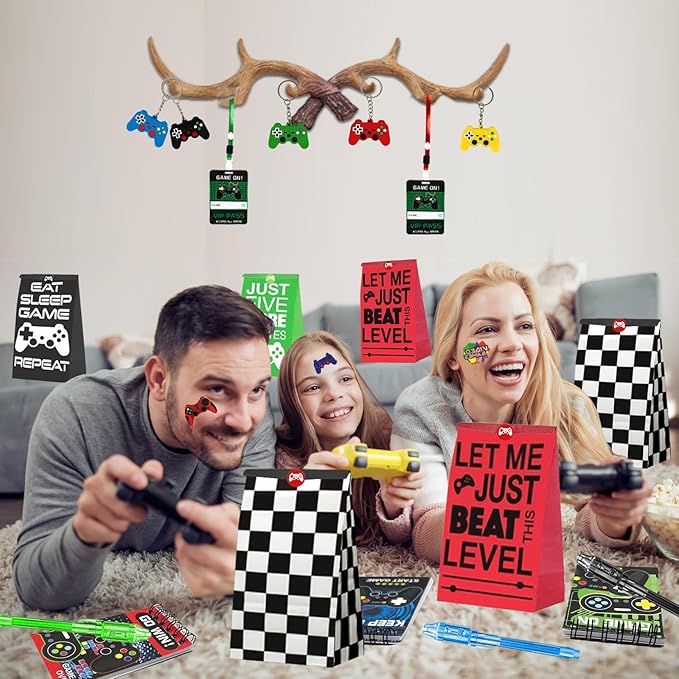 146 Pcs Video Game Party Favors, Gamer Party Favor -Ink Pen Notebook VIP Passes with Lanyards Slap Bracelets Keychains Bags Tattoo Stickers for Kids Gaming Party Favors Game On Birthday Partys Favor