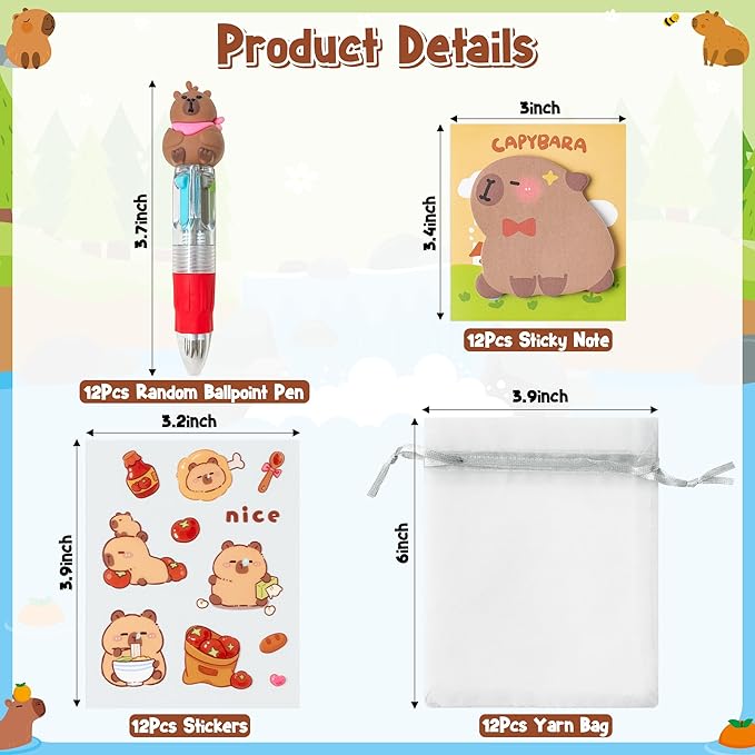 CY2SIDE Capybara Stationery Party Gift - 12 Pack Birthday Gift Set with Fun Animal 4-in-1 Ballpoint Pen Sticky Note Sticker and Organza Capybara Party Favor Goodie Bag Fillers for School Rewards