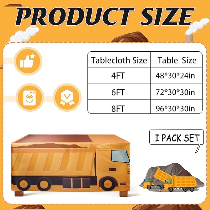 6Ft Construction Vehicle Table Cloth,Construction Birthday Decorations for Kids' Boys' Party Decorations, Baby Shower Birthday Party Supplies